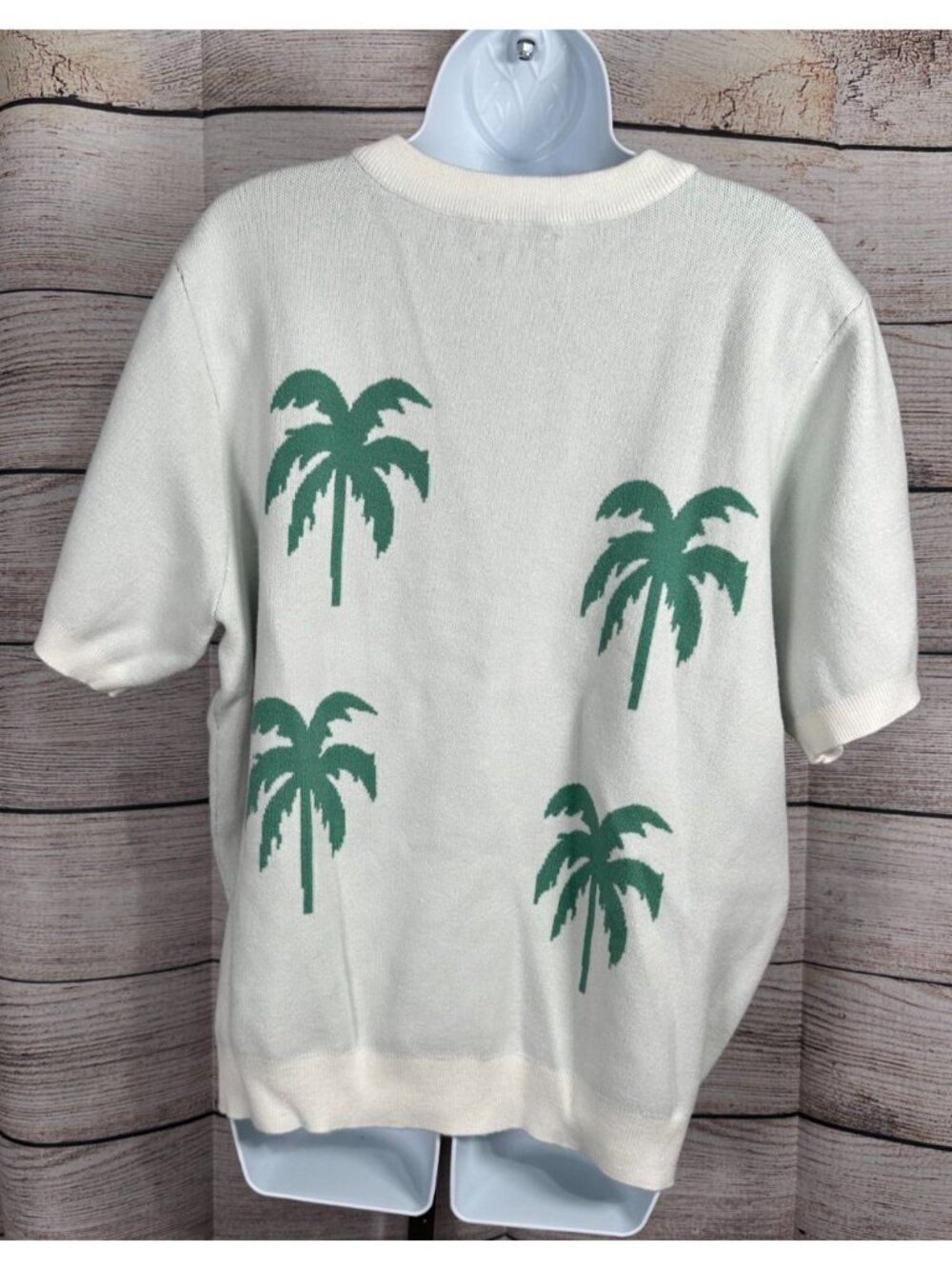 Cato Palm Tree Sweater XL Top Embellished Tropical Beige Short Sleeve NWT - Picture 5 of 11